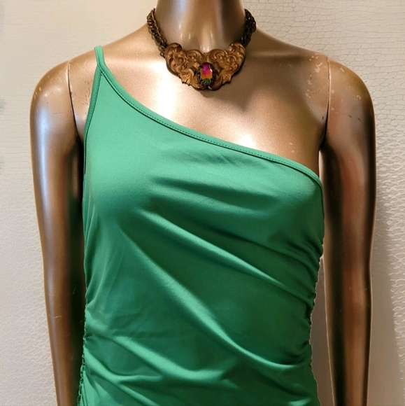 NWT Sexy Green One Shoulder Ruched Sides Split Thigh Maxi Dress Sz M - Picture 4 of 14